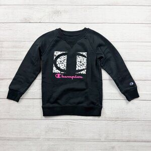Champion Kids Sweatshirt Black Leopard Logo Pink Script Crewneck Pullover S